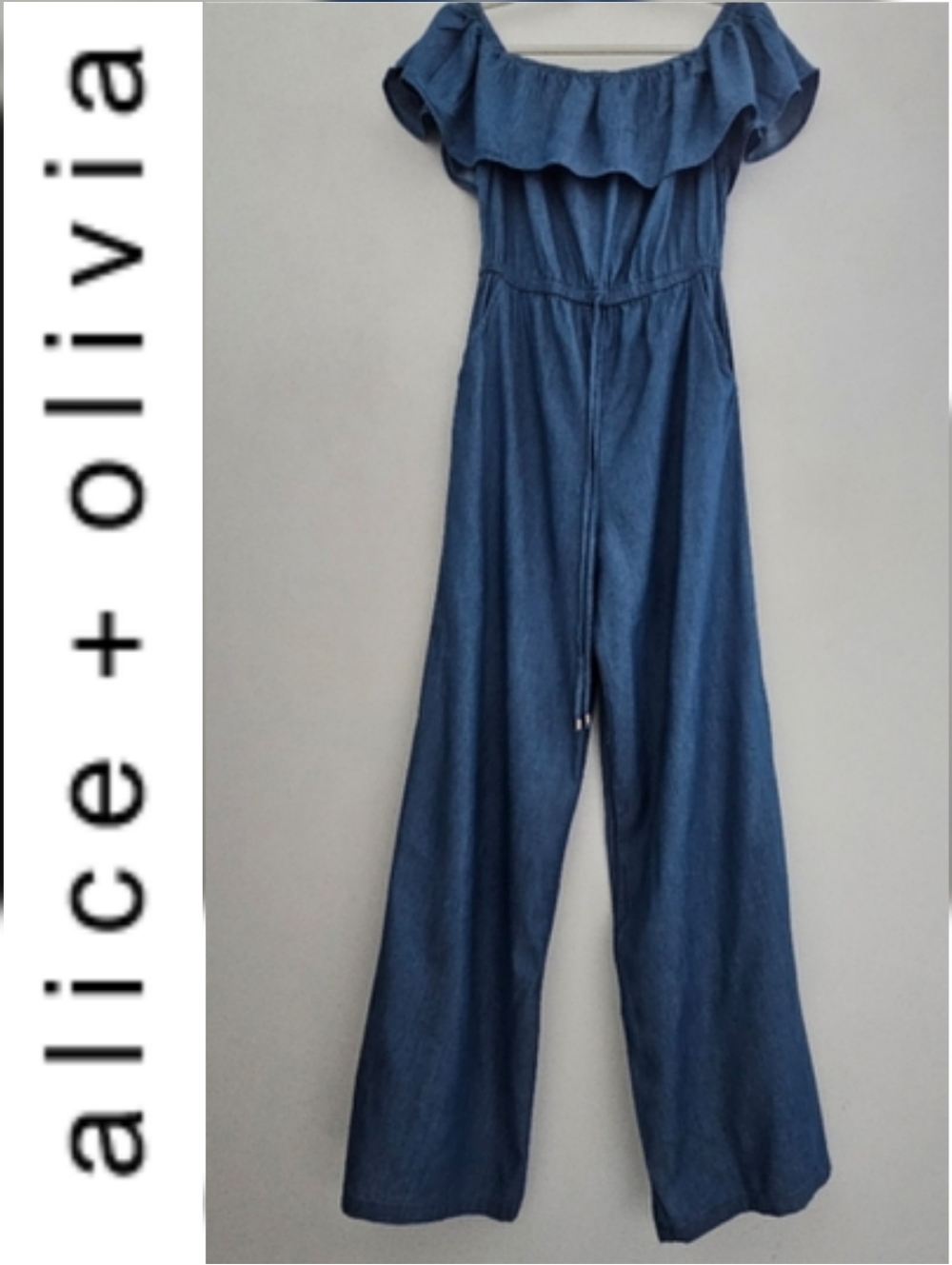 Alice + Olivia Denim Ruffled Off Shoulder Smocked Wide Leg One-piece Jumpsuit
